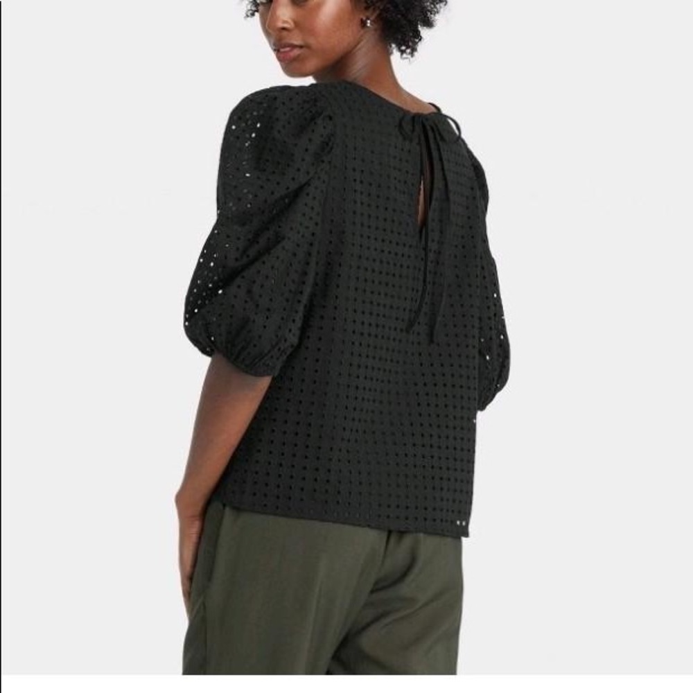 A New Day™ Women's Short Puff Sleeve Eyelet Top Light Black Size XS - Picture 6 of 11